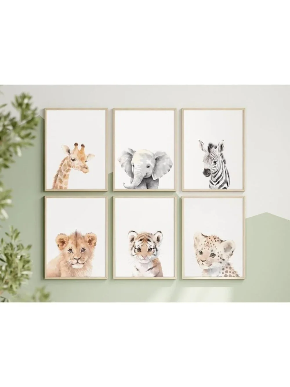 Safari Animal Wall Art Set of 6 - Jungle Nursery Decor for Baby Room, 12x16 Inch